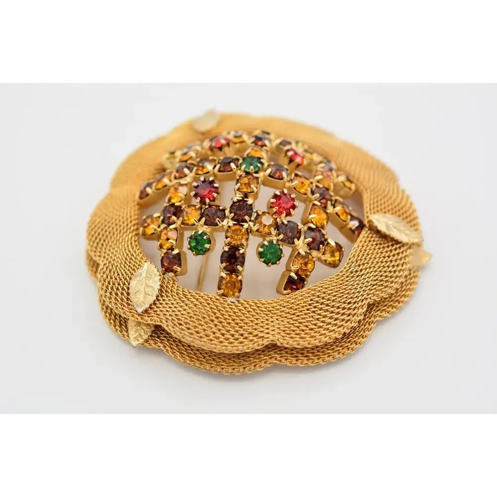 Vintage Crystal Pin Brooch Mesh Gold Prong Multi-Color Rhinestone 1970s BinAT
